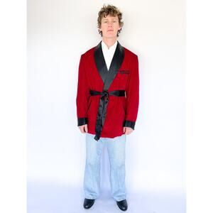 VTG 60s Smoking Jacket Red Velvet Lounge Robe Black Satin Trim Hugh Hefner STYLE